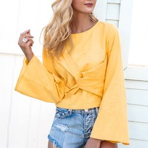 Yellow Bell Sleeve Keyhole Blouse